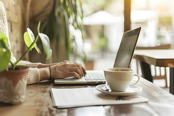 ノートパソコンでデスクワークをしている女性の上からの構図