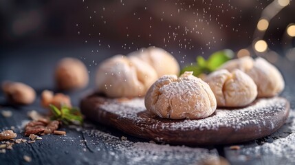 Delicious powdered doughnuts covered in a generous layer of powdered sugar
