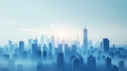Obraz premium A cityscape with skyscrapers enveloped in mist, presenting a mysterious and futuristic atmosphere.
