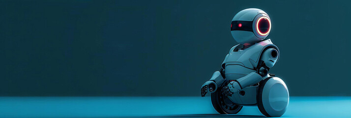 a cute robot sitting on the floor. The robot should be white and have a red eye. The background should be a dark blue color.