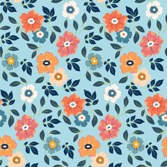 Elegant seamless floral pattern on a blue background, featuring beautifully arranged flowers, leaves, perfect for wallpapers, textiles, any decor. Abstract ditsy print, ornament. Vector illustration.