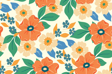 Creative seamless floral pattern: colorful blossoms, leaves for spring and summer designs in fashion, textiles, wallpapers. Abstract ditsy print of large decorative daisy flowers. Vector illustration.