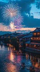 Obraz premium Vibrant fireworks display above a traditional riverside town with onlookers in boats, reflecting culture and festivity.