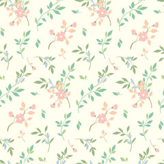 Seamless floral pattern, delicate abstract nature ornament for wallpaper, fashion textile print. Vector botanical design in pastel colors: small hand drawn flowers branches, leaves on white background