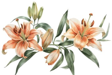 Beautiful blossoming lilies with detached buds. Generative Ai