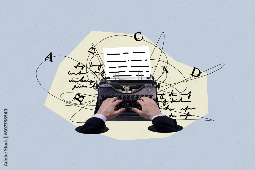 Fototapete composite photo collage of hands type book story use typewriter machine push buttons letters print n