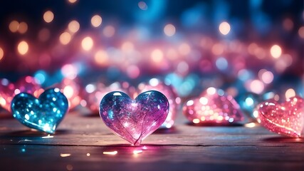 a background of vintage lights with blue and pink glitter. defocused. overlay of hearts