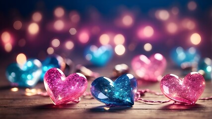 a background of vintage lights with blue and pink glitter. defocused. overlay of hearts
