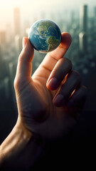 A hand holding a globe of the world with a city in the background