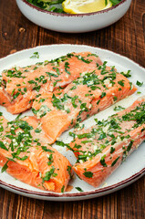 Tasty raw marinated salmon fish.