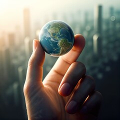 A hand holding a globe of the world with a city in the background
