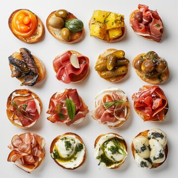 An assortment of various Italian cicchetti appetizers arranged on a clean white surface
