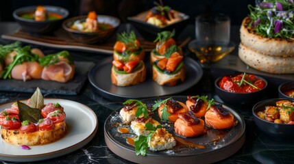 An array of various Italian foods spread out on a table