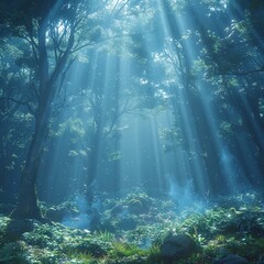 A blue aura illuminating a lush green forest with a soft, otherworldly glow