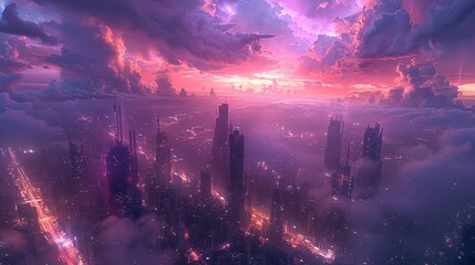 A futuristic cityscape with towering buildings overlooking a purple thunderstorm, where a robot patrols the streets below