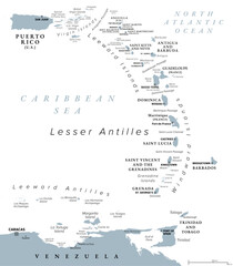 Eastern Caribbean islands, gray political map. Puerto Rico, Virgin Islands, Leeward and Windward Islands, and part of the Leeward Antilles north the coast of Venezuela, located in the Caribbean Sea.