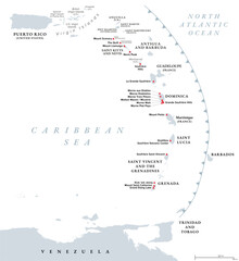 Volcanoes of the Caribbean islands, political map. Map of crescent-shaped island arc of Lesser Antilles, showing potentially active volcanoes, of which the best known is Mount Pelee in Martinique.