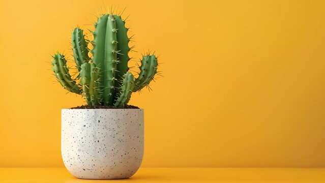 A minimal render of a cactus in a pot on a yellow background.