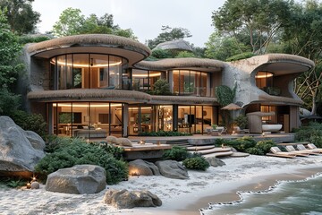 Tropical Beachside Resort: Tranquil Architectural Oasis of Open-Air Pavilions and Thatched Roofs Amid Lush Greenery