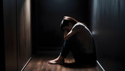 A close up shot of a woman sitting in a dark corner of her room, with her head facing to room's wooden floor, depicting life stresses and personal depression.