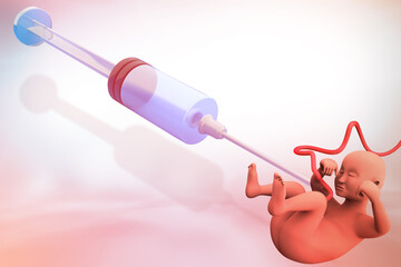 Newborn baby with injection needle. 3d illustration..