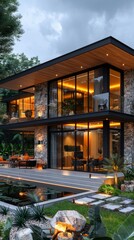 Fototapeta premium Modern luxury minimalist cubic house, villa with glass walls and landscaping design front yard. Residential architecture exterior. 4K HD Wallpaper