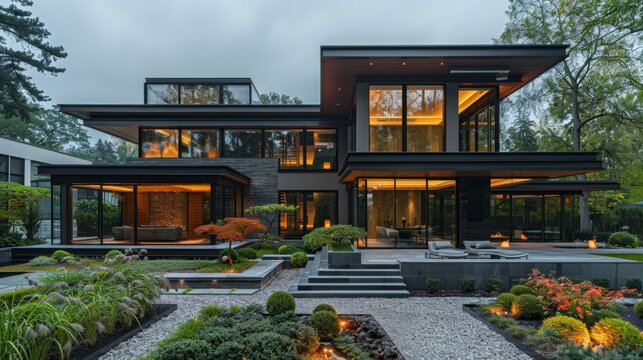 Modern luxury minimalist cubic house, villa with glass walls and landscaping design front yard. Residential architecture exterior. 4K HD Wallpaper