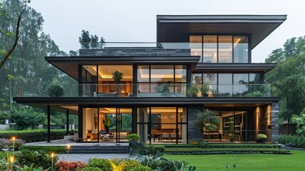 Fototapeta premium Modern luxury minimalist cubic house, villa with glass walls and landscaping design front yard. Residential architecture exterior. 4K HD Wallpaper