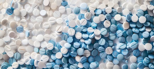 A pile of medical pills in white, blue and other colors. Tablets in plastic packaging. Healthcare and medicine concept. 