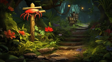 A rustic scene with a wooden crab signpost in a lush garden subtly hinting at the zodiac symbol emphasizing a homely secure environment representative of Cancer s nature