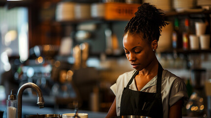 Black female restaurant bistro cafe owner cooking in the professional kitchen, menu development,...
