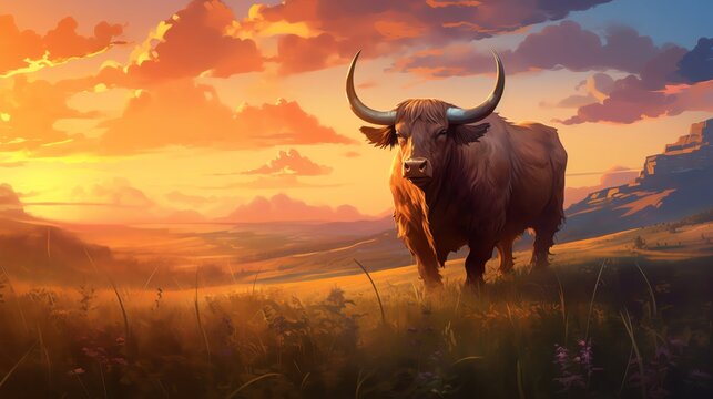 A serene landscape with a real bull peacefully grazing under the soft light of sunset symbolizing the Taurus traits of strength and dependability