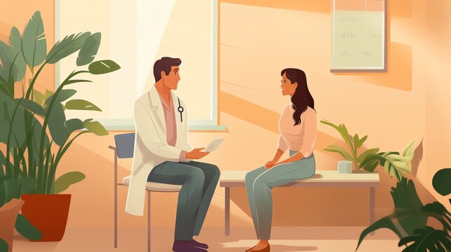 A serene scene in a medical office with a patient discussing their IBD treatment options with a doctor providing a supportive and informative setting set against a solid beige back