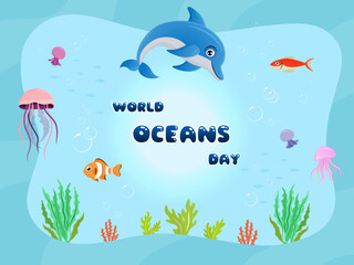 blue sea underwater world oceans day border cartoon graphic illustration design  