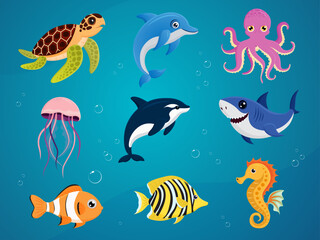ocean fishs sea animal underwater collection cartoon illustration design
