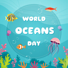 blue sea underwater world oceans day border cartoon graphic illustration design