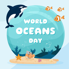 blue sea underwater world oceans day border cartoon graphic illustration design  