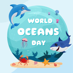 blue sea underwater world oceans day border cartoon graphic illustration design  