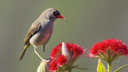 The little tiny bird is standing and eating carpel of red spike flower