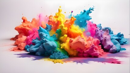 Bright rainbow holi paint eruption of color powder on a solitary white broad panorama background