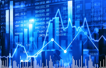 stock market index graph. Candlestick chart, skylines and bar chart. Stock market growth illustration. Financial market background. 3d illustration.