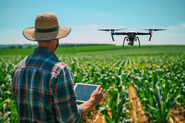 A farmer with a tablet controls a drone flying over a lush cornfield, showcasing modern precision agriculture.
