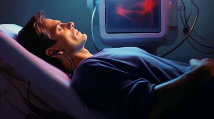 Patient lying comfortably during a carotid artery examination with the ultrasound machine and monitor visible in the background