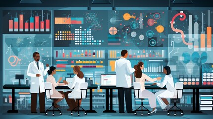 Modern laboratory setting with researchers examining genetic samples associated with the development of polygenic risk scores