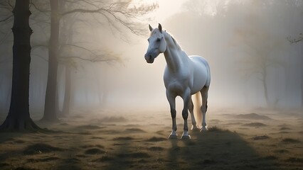 Majestic White Horse: Frontal Portrait with Hazy Background
