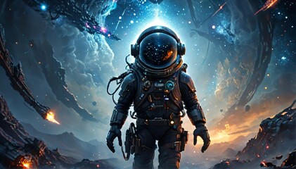 A 3D science fiction scene with astronaut in a spacesuit encountering a mysterious alien figure in the dark vastness of space