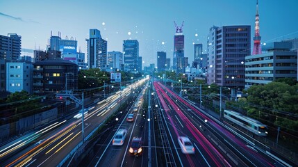 Fototapeta premium AI-powered transportation systems coordinate smooth traffic flow. Reduce congestion and reduce carbon emissions for a more sustainable urban environment.