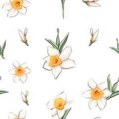 White narcissus flowers with green  leaves seamless watercolor pattern on the white background hand drawn texture 