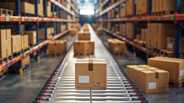 Cardboard boxes on a conveyor belt, packed goods, packages ready to be delivered in a retail product distribution and fulfillment center, background with cartons on shelves, e-commerce shipping ready