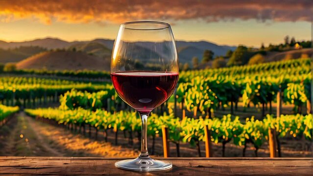 A glass of red wine in a vineyard at sunset. AI.
